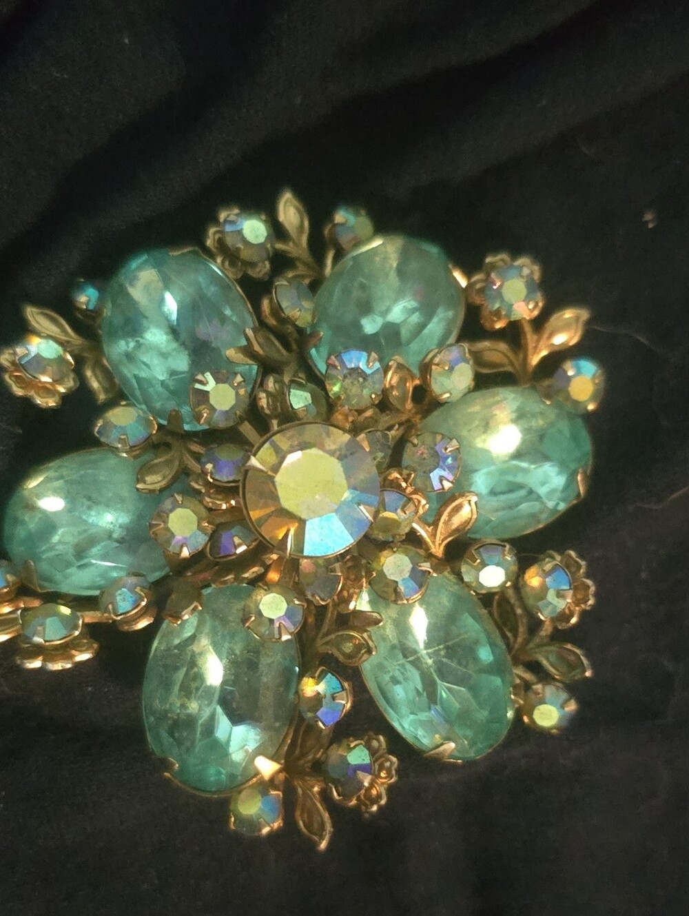 Vintage-Inspired Teal Crystal Flower Brooch in Gold Tone